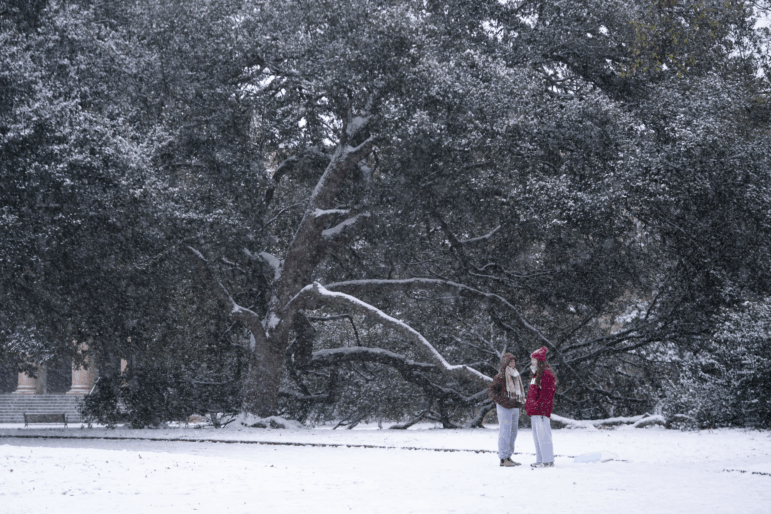 Snow falls at the University of South Carolina on Saturday in Columbia, S.C.