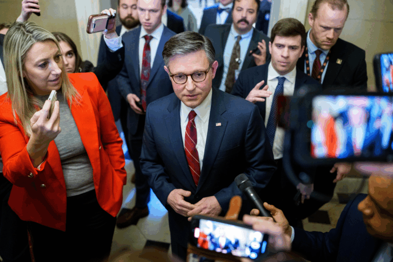 House Speaker Mike Johnson, R-La., speaks with reporters following a rules vote on funding the U.S. government at the U.S. Capitol February 3, 2026 in Washington, DC.