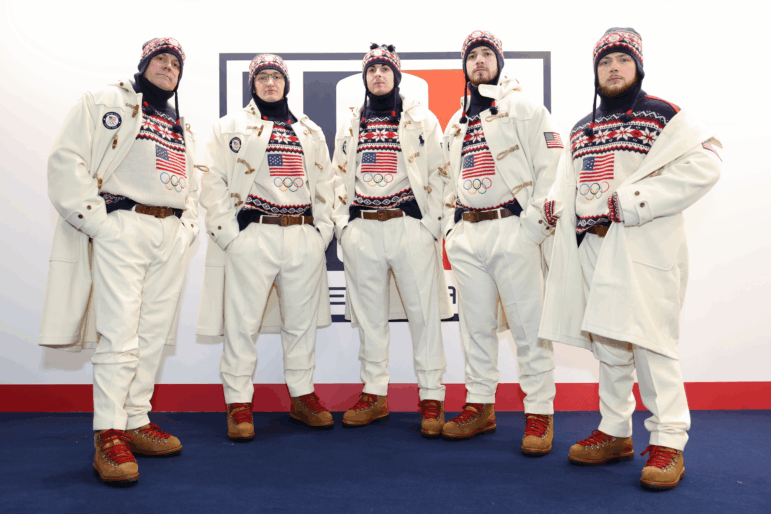 MILAN, ITALY - FEBRUARY 04: U.S. Olympians Rich Ruohonen, Aidan Oldenburg, Daniel Casper, Benjamin Richardson and Luc Violette attend the Team USA Welcome Experience at the 2026 Milan-Cortina Olympics on February 04, 2026 in Milan, Italy. (Photo by Joe Scarnici/Getty Images)
