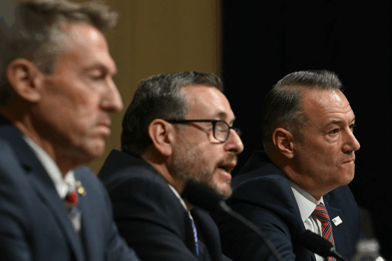 Left to right, Rodney Scott, commissioner of U.S. Customs and Border Protection, Joseph Edlow, director of U.S. Citizenship and Immigration Services, and Todd Lyons, acting director of U.S. Immigration and Customs Enforcement, testify during a House Committee on Homeland Security hearing on Feb. 10, 2026.