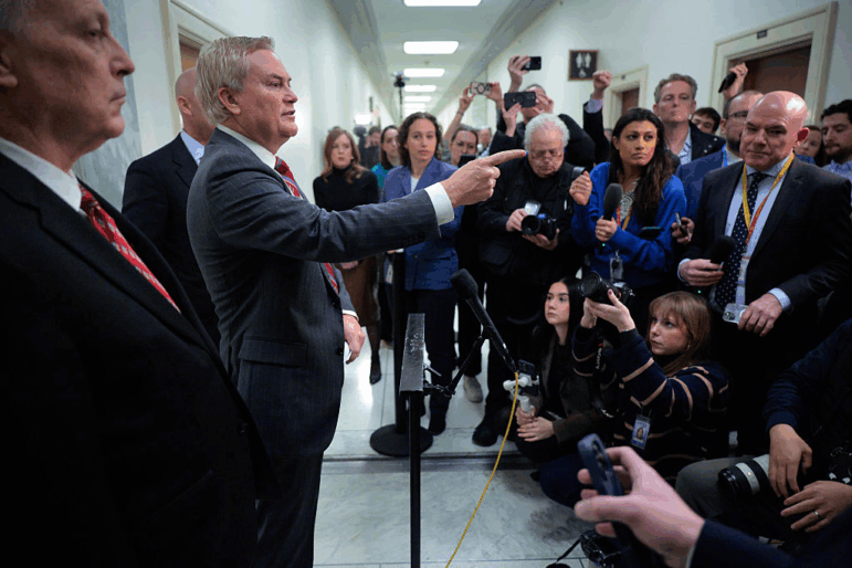 House Oversight Committee Chairman James Comer, R-Ky., and other Republican members of the committee talk to reporters following a closed-door, remote deposition from convicted child sex offender Ghislaine Maxwell on Capitol Hill on Monday.