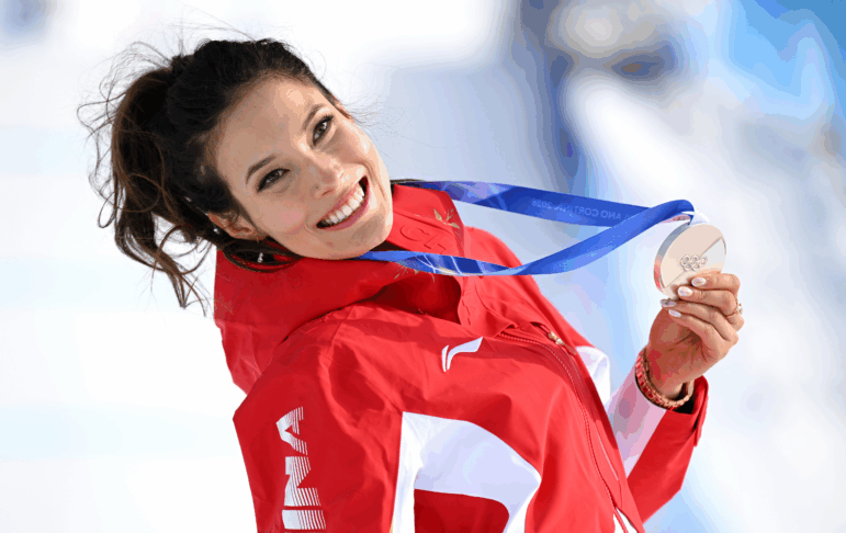 Eileen Gu celebrates her silver medal for China at the Women's Slopestyle Final at the Milano Cortina 2026 Winter Olympic games in Livigno, Italy.