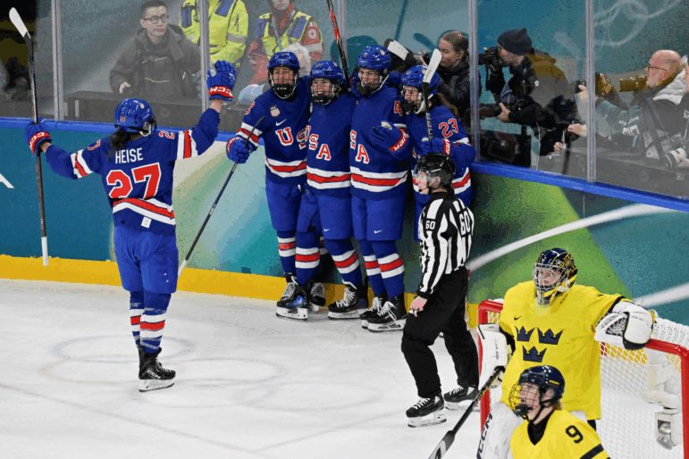 Team USA forward Taylor Heise, #27, celebrates scoring her team's second goal during Monday's Olympic semifinal match against Sweden. After a 5-0 win, the U.S. now advances to play in Thursday's gold medal match.