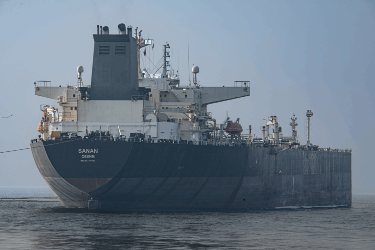 The crude oil tanker, Sanan, is seen in coastal waters near Bandare Asaluyah, Iran, on January 27, 2026. Condensate is loaded onto tankers after being processed at gas refineries in Bandare Asaluyah.