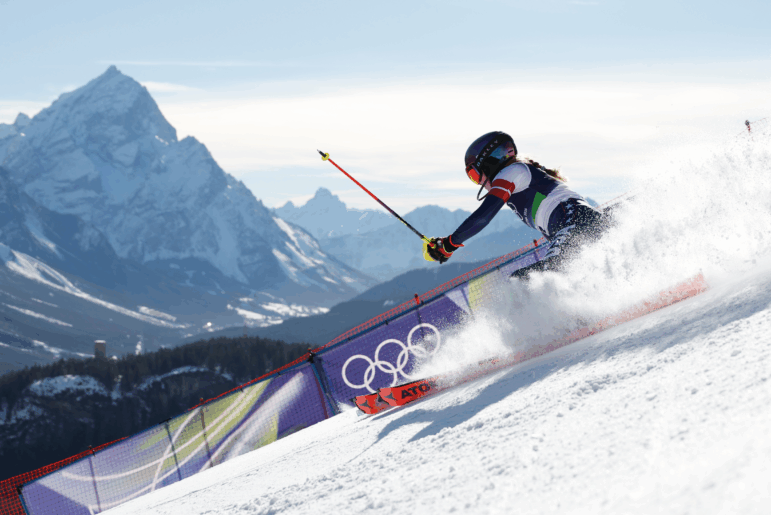 CORTINA D'AMPEZZO, ITALY - FEBRUARY 18: Mikaela Shiffrin of Team United States competes during the Women's Slalom Run on day twelve of the Milano Cortina 2026 Winter Olympics at Tofane Alpine Skiing Centre on February 18, 2026 in Cortina d'Ampezzo, Italy. (Photo by Christophe Pallot/Agence Zoom/Getty Images)