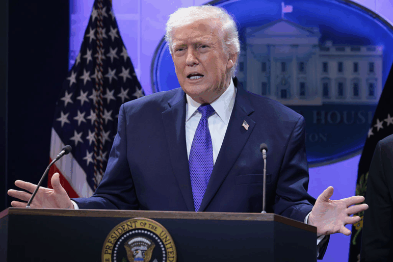 President Trump holds a press briefing held at the White House on Friday after the U.S. Supreme Court ruled against his use of emergency powers to implement international trade tariffs.