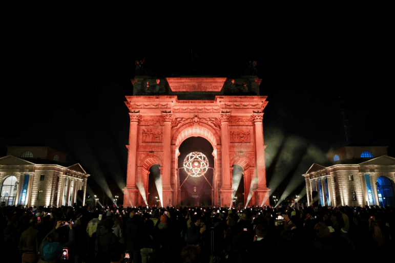 The Olympic cauldron at the Arco della Pace prior to the Milano Cortina 2026 Winter Olympics Closing Ceremony on day sixteen of the Milano Cortina 2026 Winter Olympic games at Arco della Pace on February 22, 2026 in Milan, Italy.