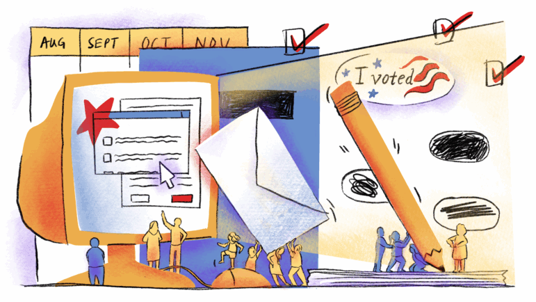 Illustration showing different methods of voter registration — in person, on paper, via the mail, online