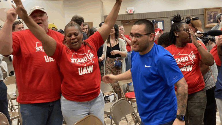 Volkswagen assembly plant workers in Chattanooga, Tenn. and supporters celebrate the factory joining the United Auto Workers union on April 19, 2024.