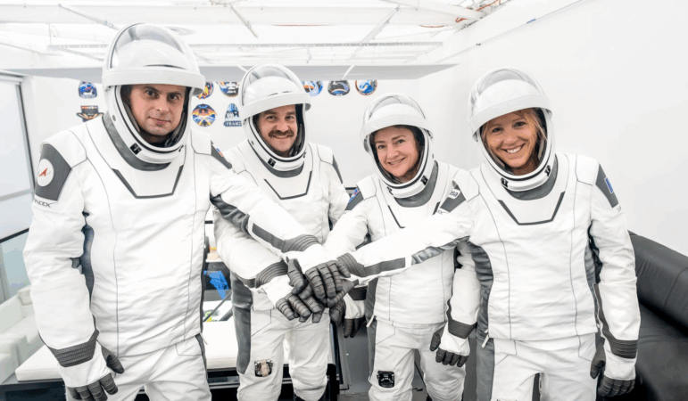The four members of NASA’s SpaceX Crew-12 mission pose for a portrait at SpaceX headquarters in Hawthorne, Calif. From left are, Russian cosmonaut and Mission Specialist Andrey Fedyaev, NASA astronauts Jack Hathaway and Jessica Meir, Pilot and Commander respectively, and European Space Agency astronaut and Mission Specialist Sophie Adenot.