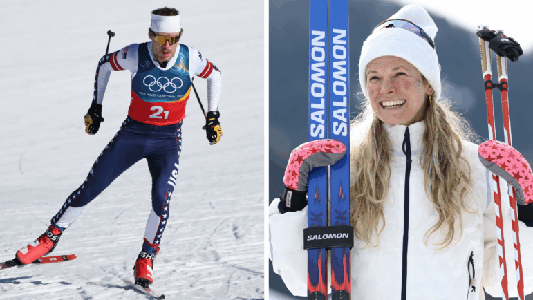 Left: USA's Ben Ogden competes during the men's team cross country free sprint qualification on Wednesday. Right: Bronze medallist USA's Jessie Diggins celebrates on the podium for the women's cross-country skiing 10km interval start free event on Feb. 12. Both Olympians knit during their downtime between events.