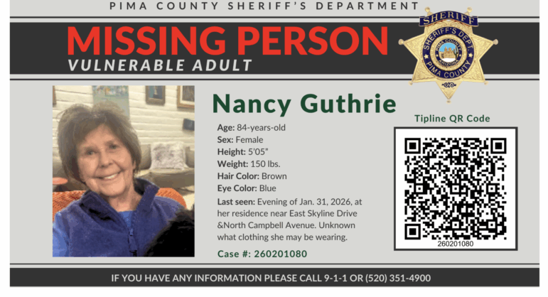 The Pima County Sheriff’s Department issued an alert after Nancy Guthrie, mother of Today show co-host Savannah Guthrie, went missing on Sunday. While Nancy Guthrie has mobility issues, Sheriff Chris Nanos said that she "is of great sound mind. This is not a dementia-related" case.