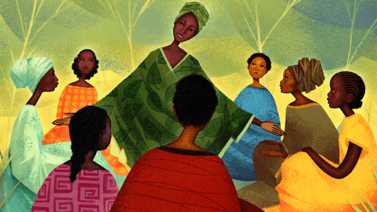 Illustration of teens and young women in a support group.