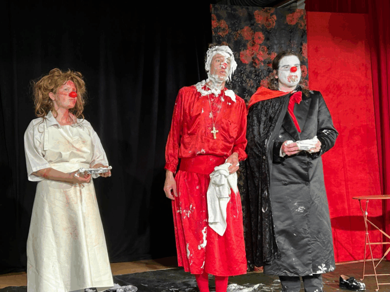 From left: Gaulier students Alayna Perry, Brian Byrne and Joseph Bucci receive feedback on a short skit involving a pie in the face.