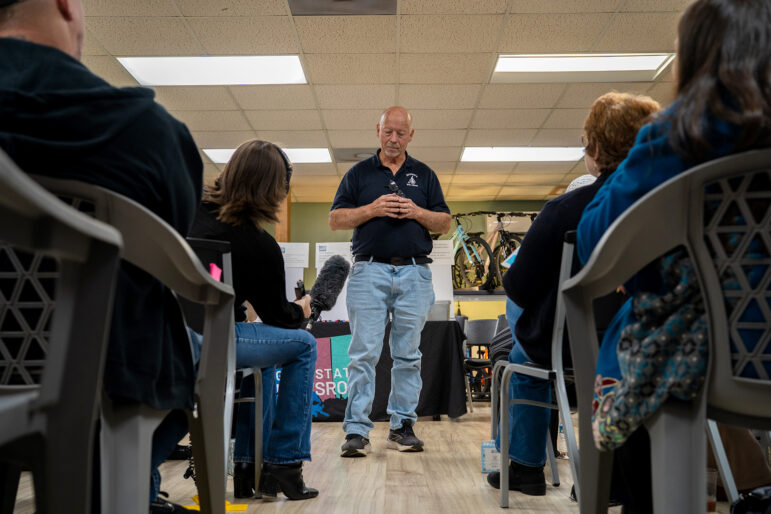 James Moore addresses a listening session hosted by the Gulf States Newsroom in his bike shop in Hattiesburg, Mississippi, on January 28, 2026.