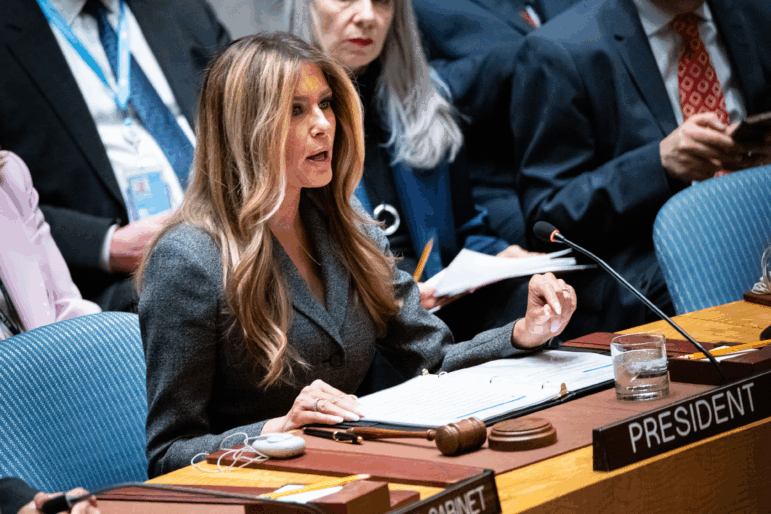 First lady Melania Trump presides over the United Nations Security Council at United Nations headquarters, Monday, March 2, 2026.