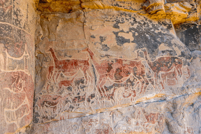 View of drawings at the Taira Cave, located at a height of 3,150 meters about 75 km north of Calama, Chile, on July 21, 2018. The paintings left by shepherds almost three millennia ago on the walls of the rocks that flank the course of the Loa River, that crosses the Atacama Desert from east to west, turn the Taira Valley into the epicenter of art rock in Chile, which aims at becoming a Unesco Heritage Site.