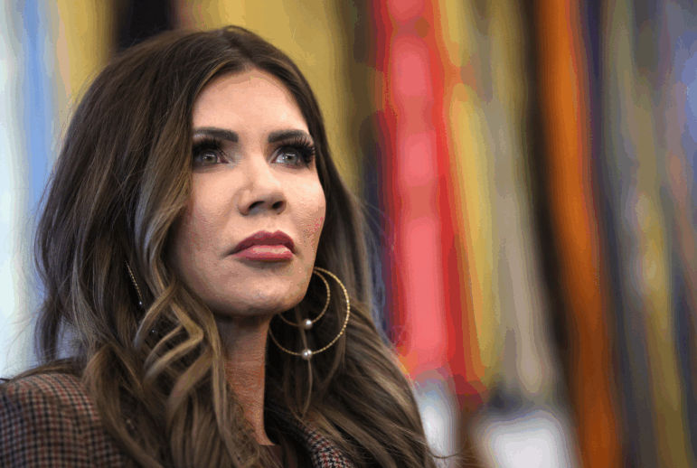 Homeland Security Secretary Kristi Noem attends a meeting in the Oval Office on November 17, 2025.