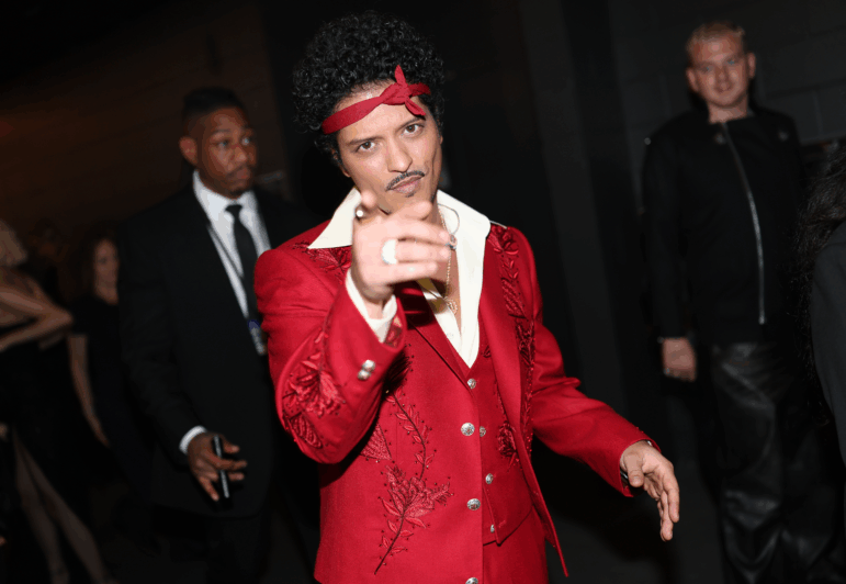 Bruno Mars backstage at the 68th GRAMMY Awards in Los Angeles on February 01, 2026. He did not actually win any awards that night, despite being nominated for record of the year and song of the year.
