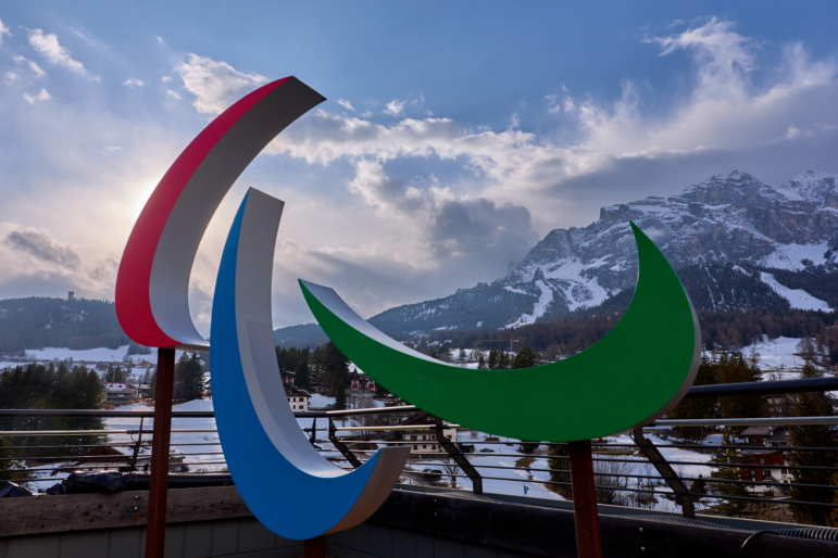 The Paralympic logo, the Agitos, is seen in Cortina d'Ampezzo, Italy.