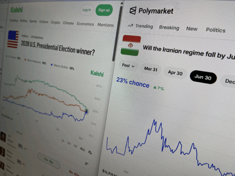 Online prediction markets hosting bets on U.S. presidential election and regime change in Iran.