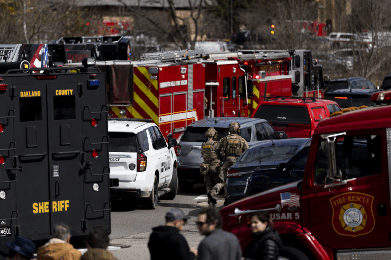 Law enforcement respond near Temple Israel following reports of an active shooter on Thursday in West Bloomfield, Mich.